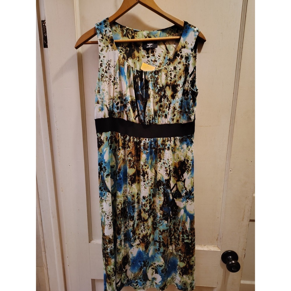 Libra Womens Abstract Print Empire Waist Sleeveless Knee Length Dress Blue Green